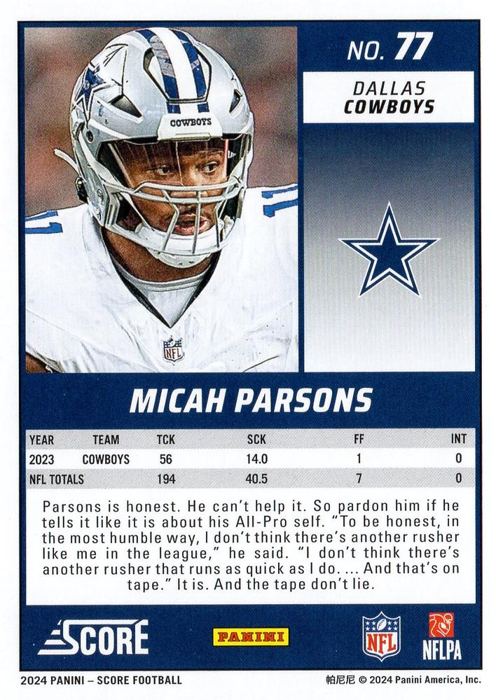 2024 Panini Score Football Micah Parsons Dallas Cowboys #77
