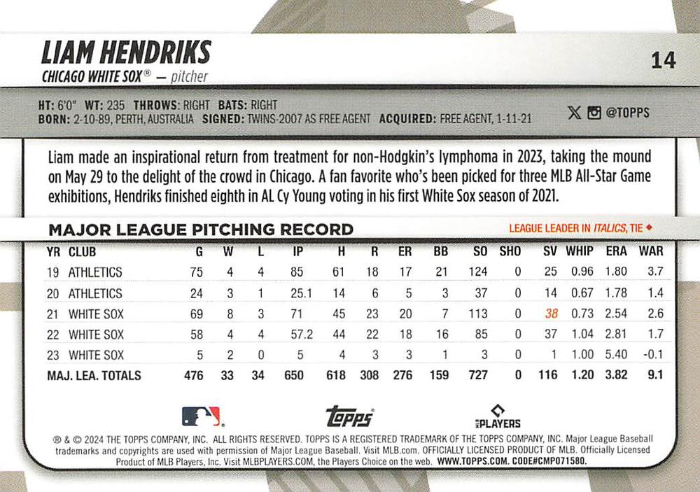2024 Topps Big League Common Liam Hendriks Chicago White Sox #14