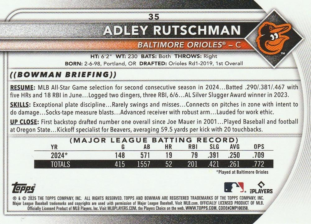 2025 Topps Bowman Adley Rutschman Baltimore Orioles #35