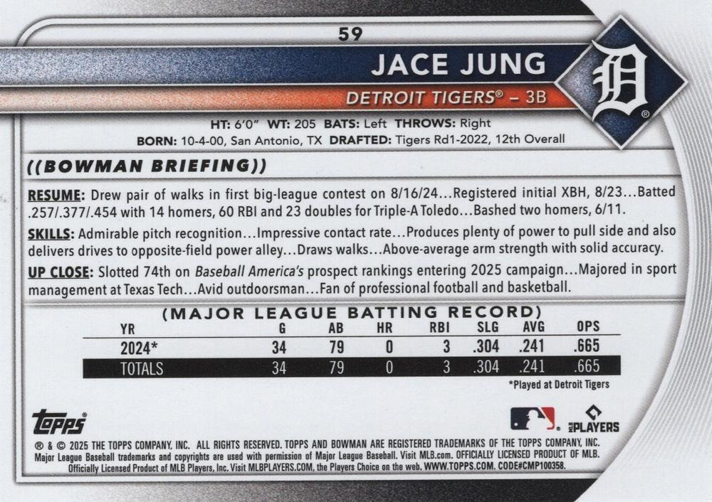2025 Topps Bowman Jace Jung RC Detroit Tigers #59