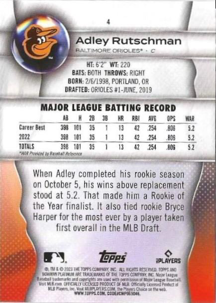 2023 Topps Bowman Platinum Adley Rutschman RC Baltimore Orioles #4