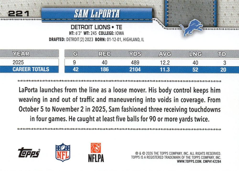 2026 Topps Flagship Sam LaPorta #221 Detroit Lions
