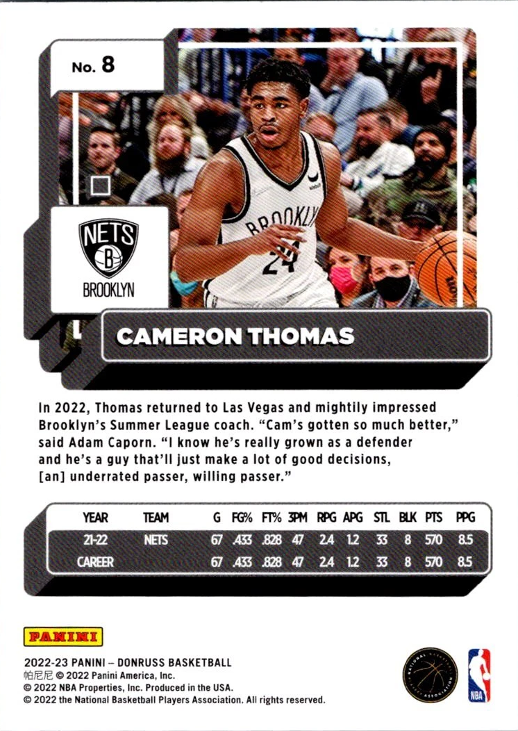 2022 Panini Donruss Holo Laser Green Cameron Thomas #8 Brooklyn Nets