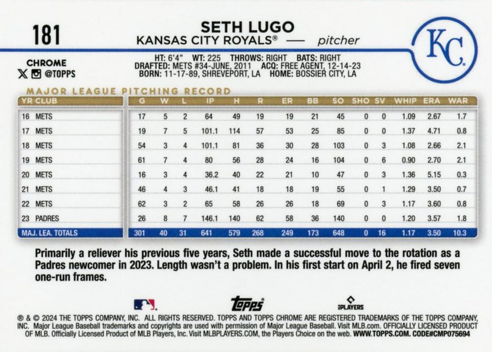 2024 Topps Chrome Seth Lugo Kansas City Royals #181
