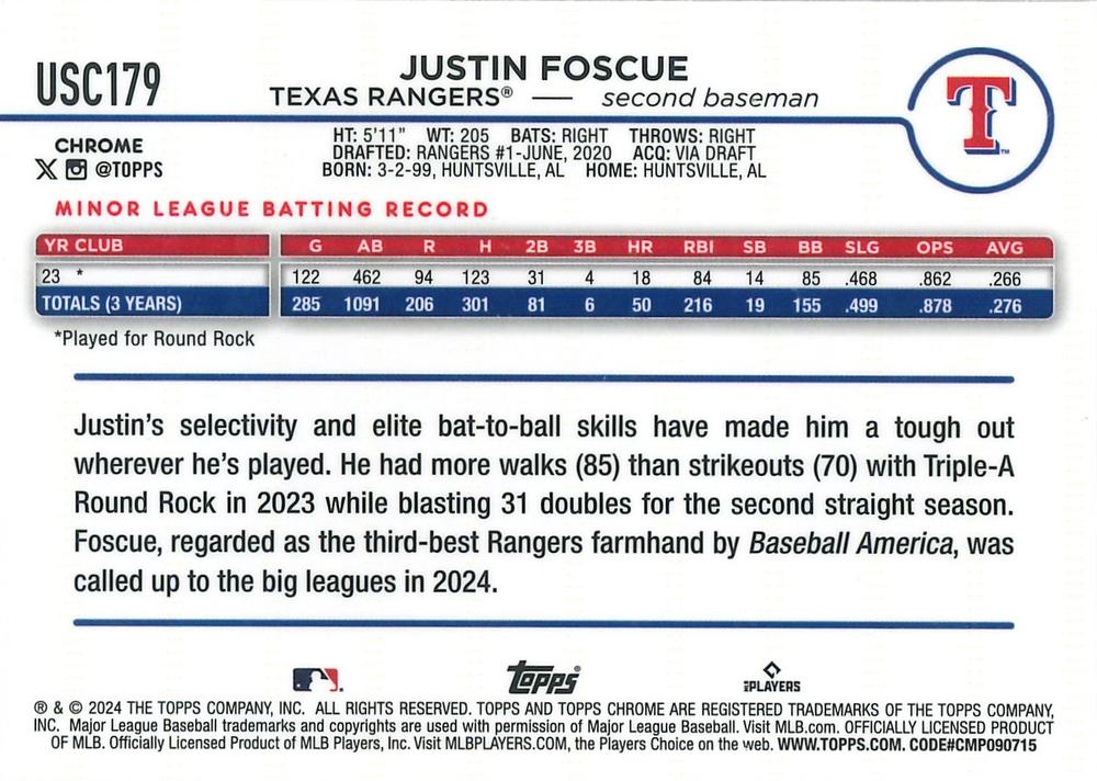 2024 Topps Chrome Update X-Fractor Parallel Justin Foscue RC Texas Rangers #USC179