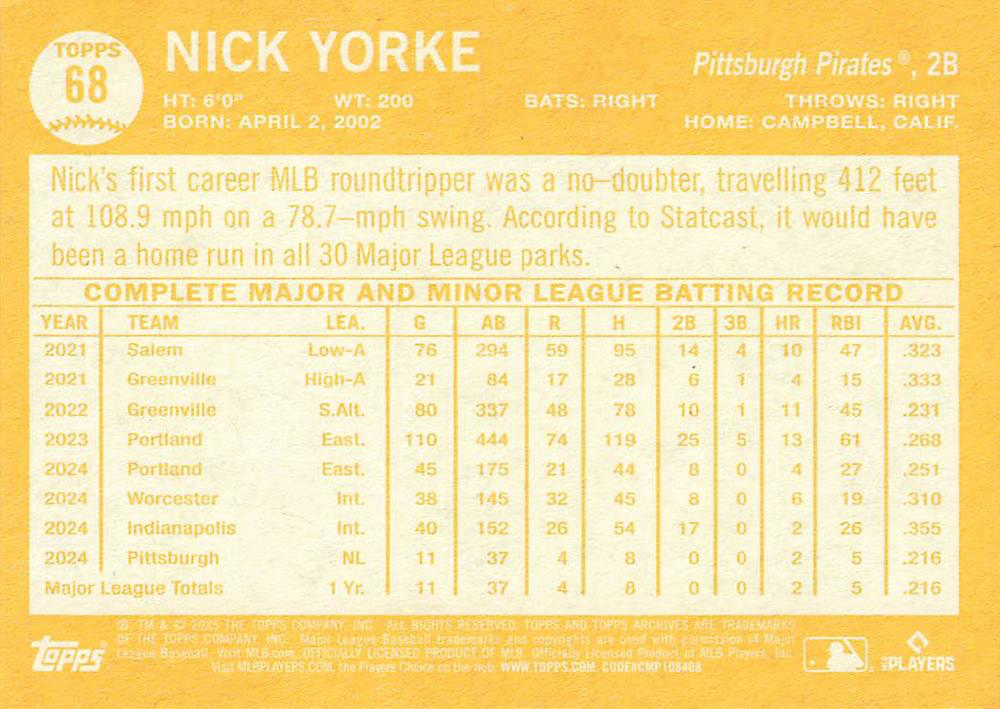 2025 Topps Archives Nick Yorke RC #68 Pittsburgh Pirates