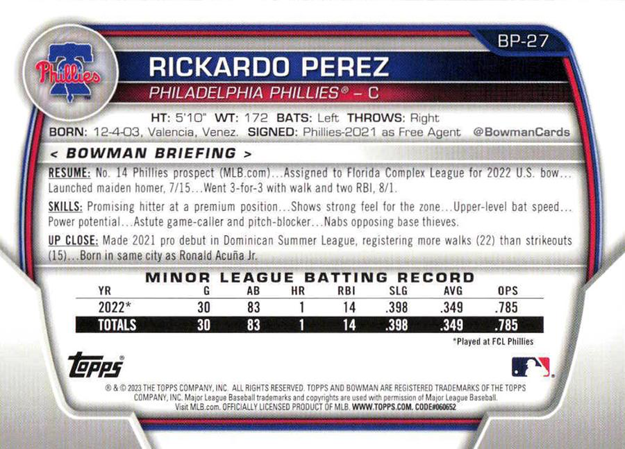 2023 Topps Bowman Paper Prospects Rickardo Perez 1st Philadelphia Phillies #BP-27