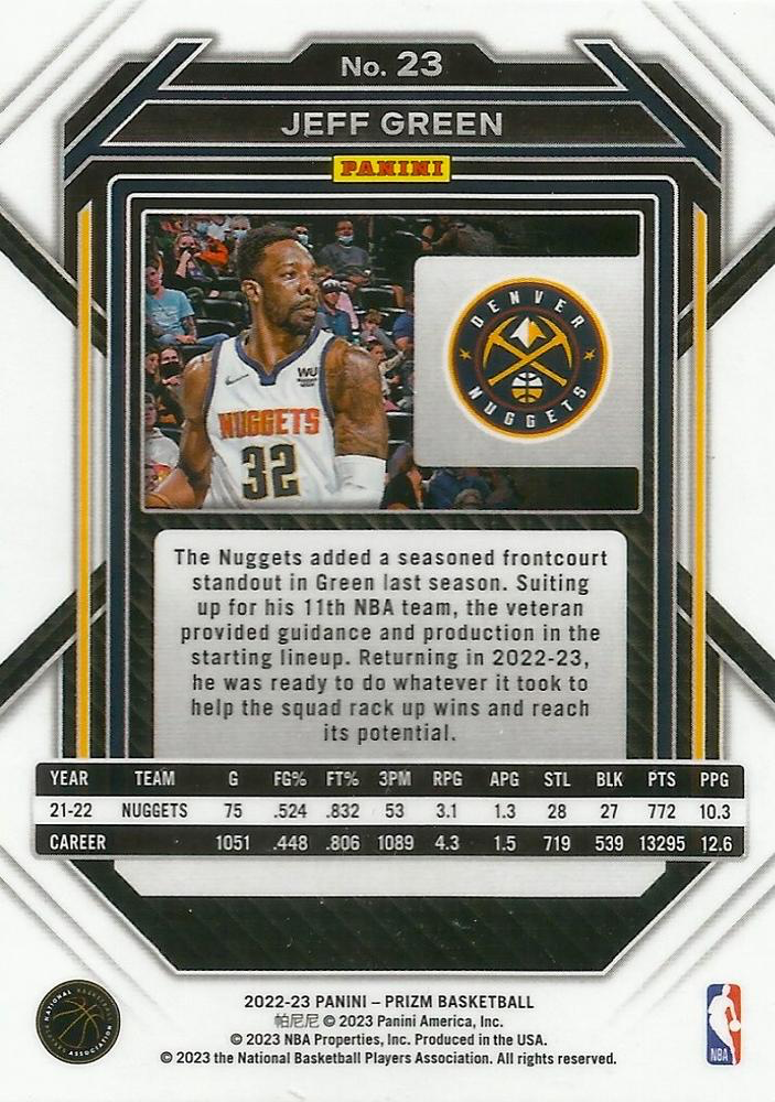 2022 Panini Prizm Jeff Green #23 Denver Nuggets