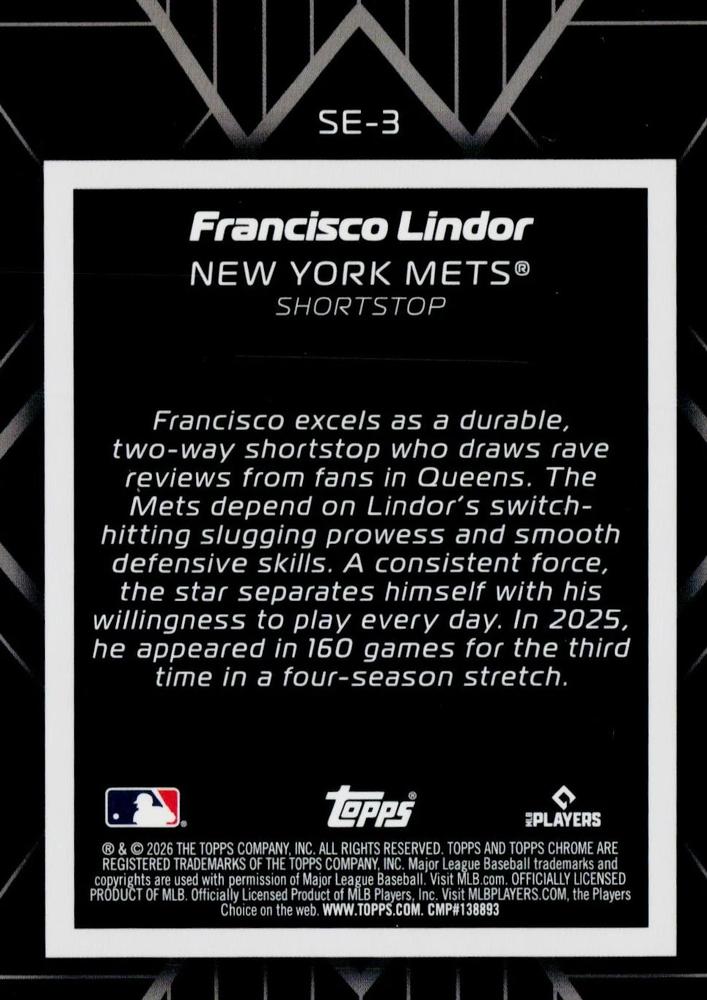 2026 Topps Chrome Shadow Etch Francisco Lindor #SE-3 New York Mets