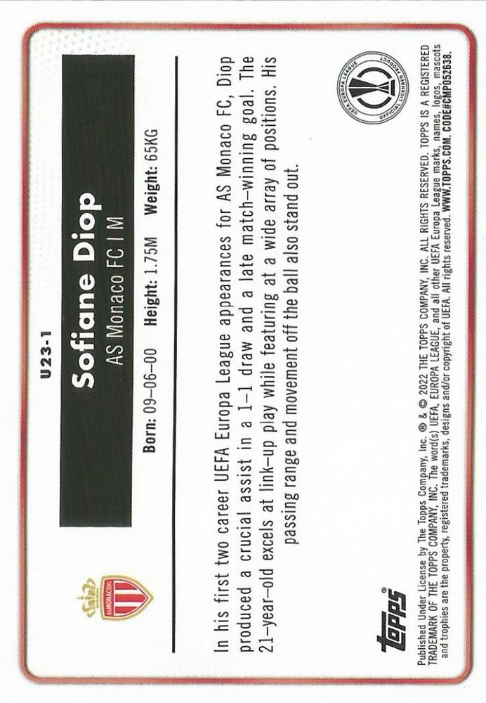 2021 Topps Merlin UEFA Club Competitions Sofiane Diop U23 Stars U23-1 AS Monaco
