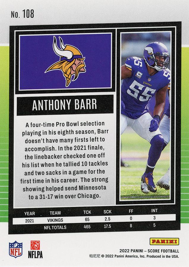 2022 Panini Score Anthony Barr Minnesota Vikings #108