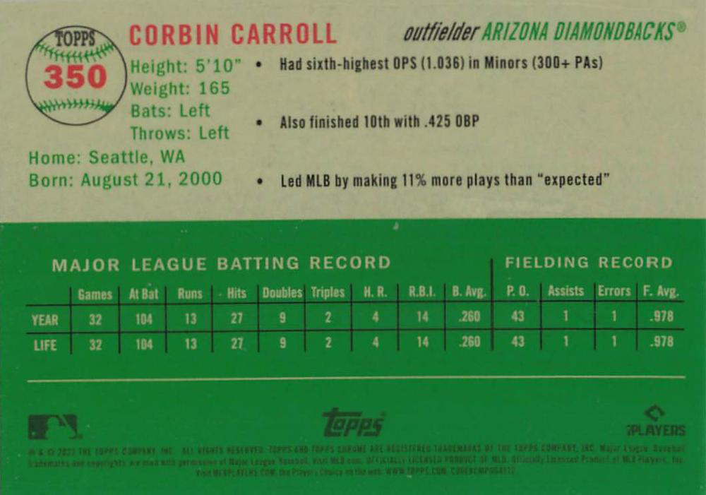 2023 Topps Chrome Platinum Anniversary Corbin Carroll RC Arizona Diamondbacks #350