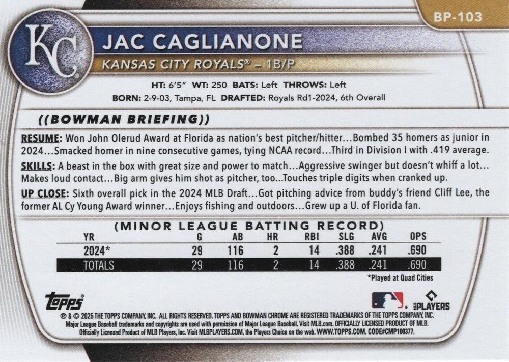 2025 Topps Bowman Prospects Jac Caglianone Kansas City Royals #BP-103