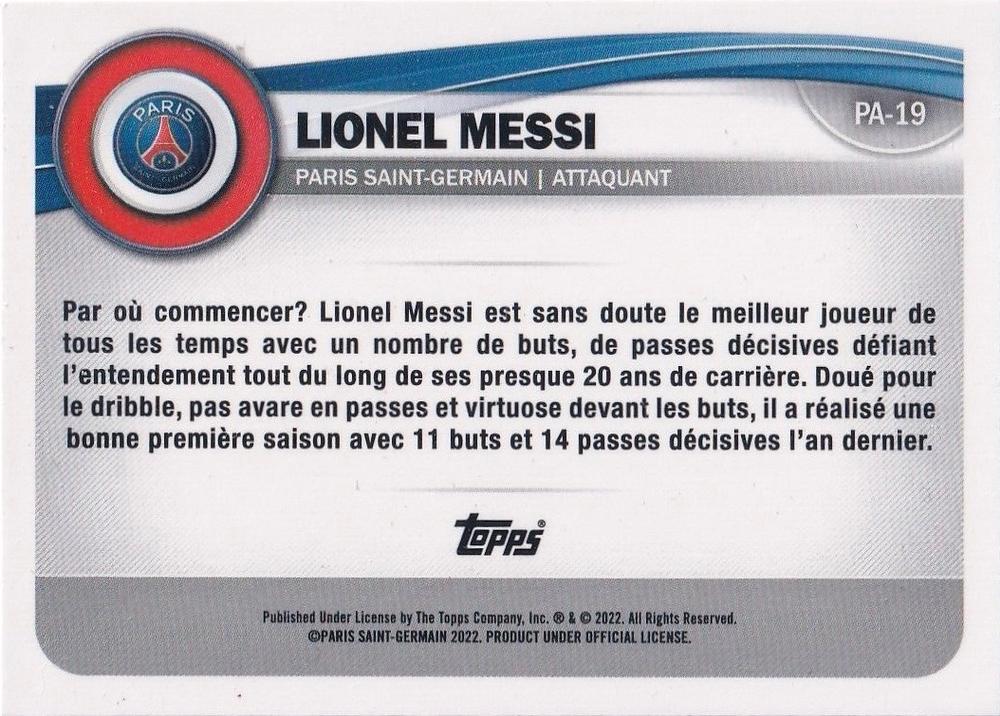 2022 Topps PSG Fan Set Lionel Messi #PA-19 Paris Saint-Germain
