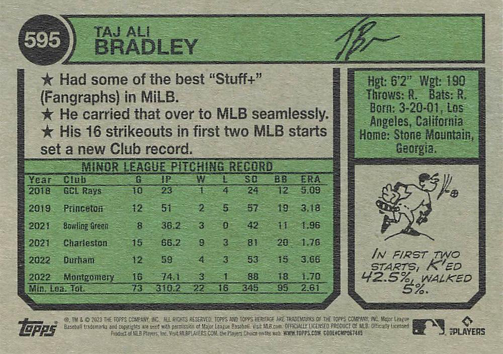 2023 Topps Heritage Taj Bradley RC Tampa Bay Rays #595