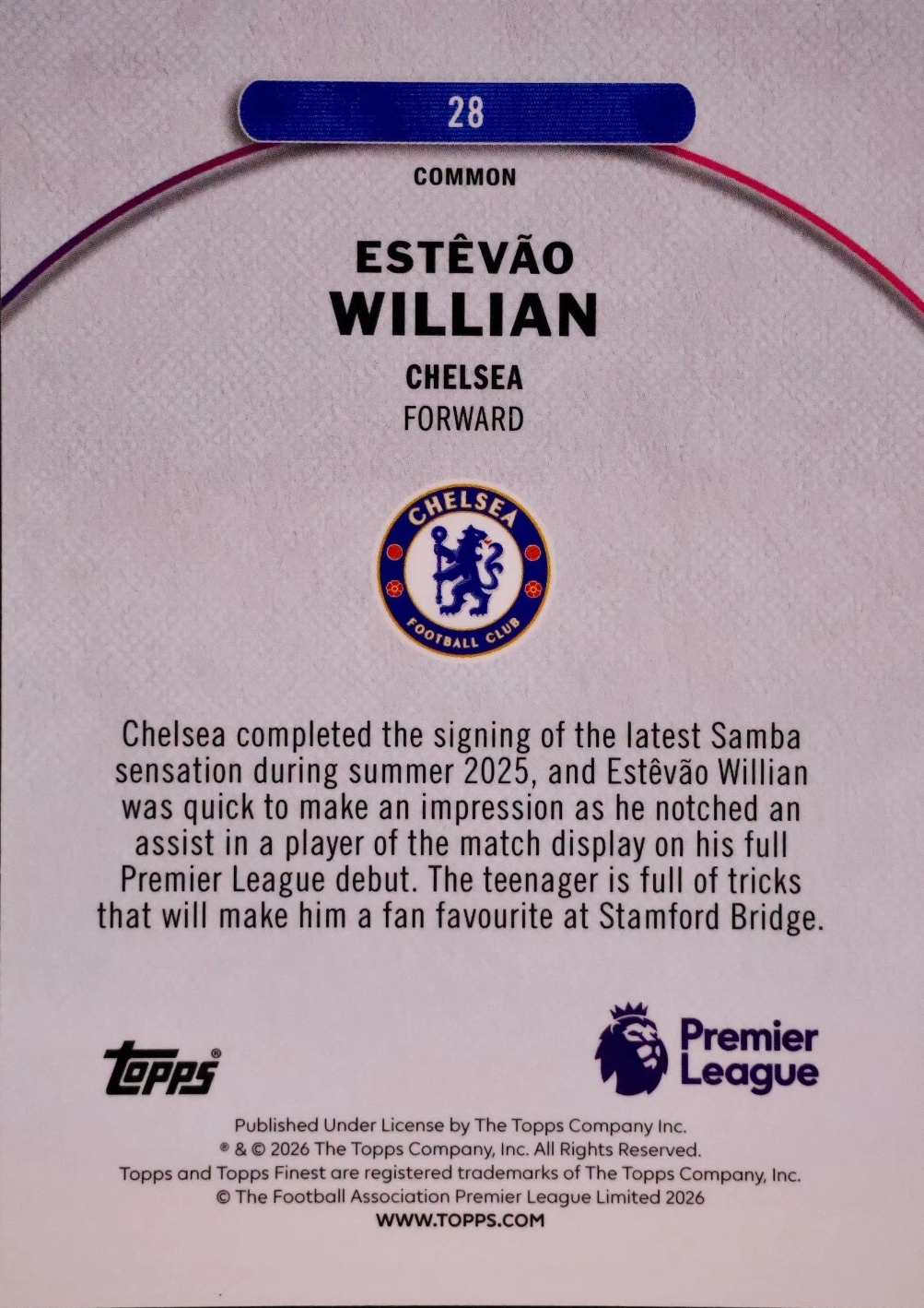 2025 Topps Finest Premier League Estevao RC #28 Chelsea FC