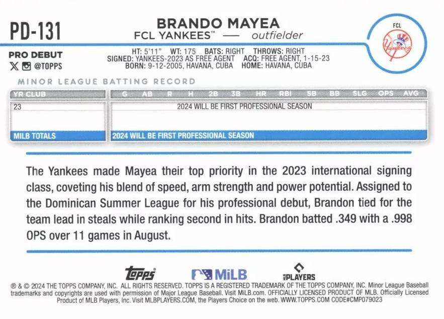2024 Topps Pro Debut Brando Mayea #PD-131 FCL Yankees