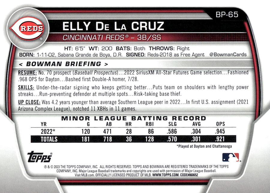 2023 Topps Bowman Paper Prospects Elly De La Cruz Cincinnati Reds #BP-65