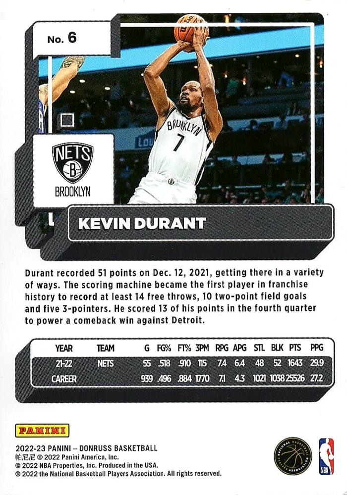 2022 Panini Donruss Kevin Durant #6 Brooklyn Nets