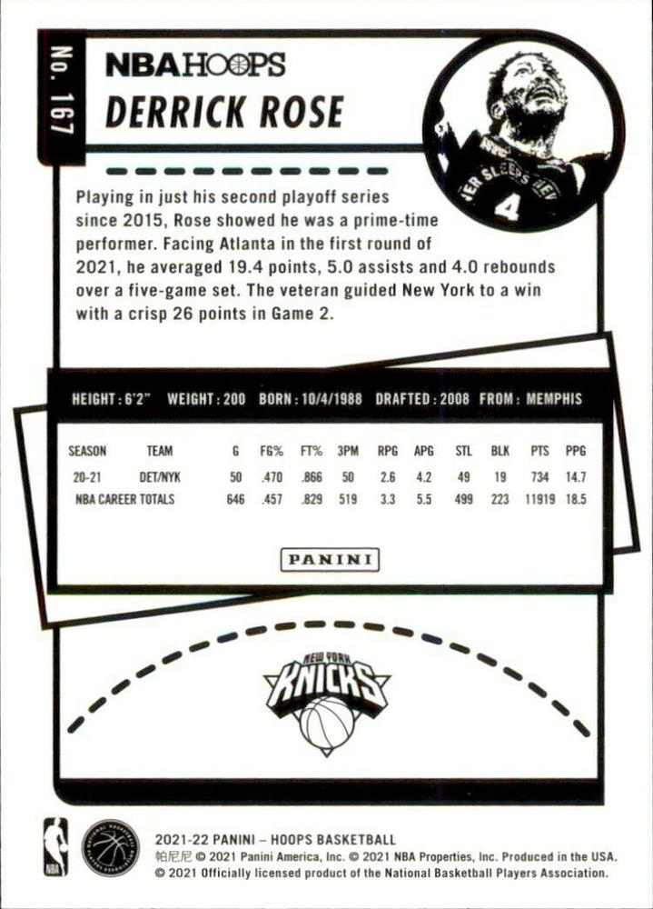 2021 Panini Hoops Derrick Rose #167 New York Knicks