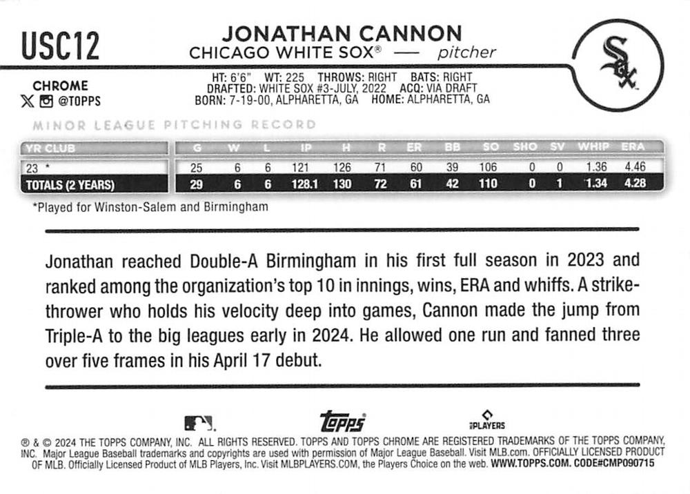 2024 Topps Chrome Update Jonathan Cannon RC Chicago White Sox #USC12