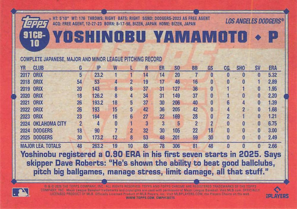 2026 Topps Chrome 1991 35th Yoshinobu Yamamoto #91CB-10 Los Angeles Dodgers