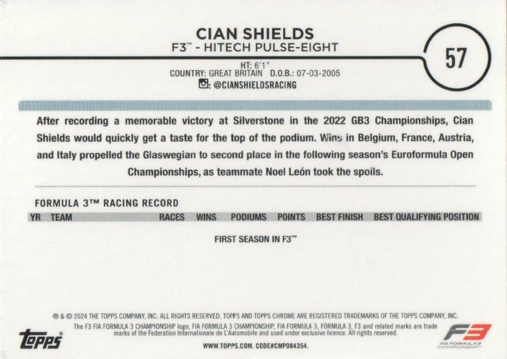 2024 Topps Chrome Formula 1 Cian Shields F3D #57 HiTech Pulse-Eight