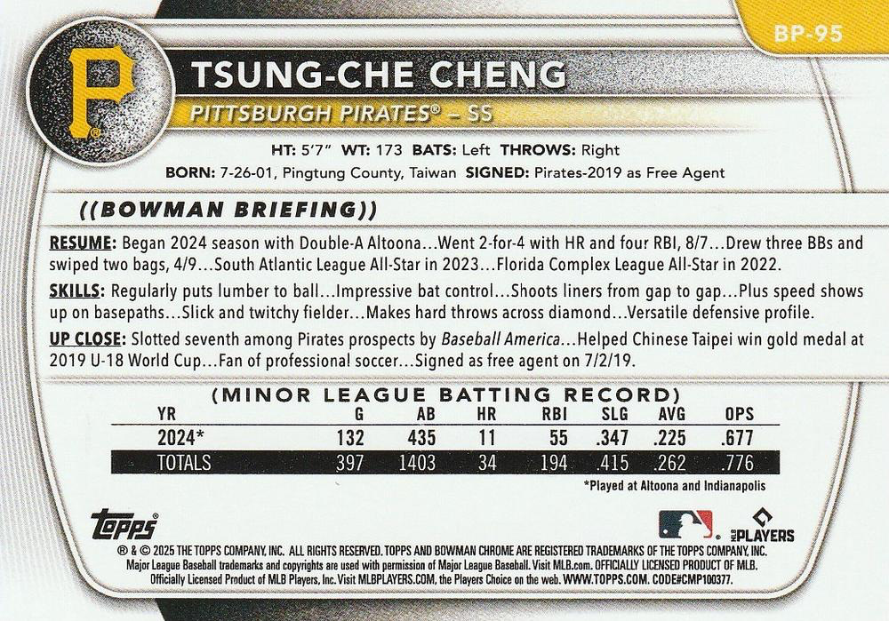 2025 Topps Bowman Prospects Tsung-Che Cheng Pittsburgh Pirates #BP-95