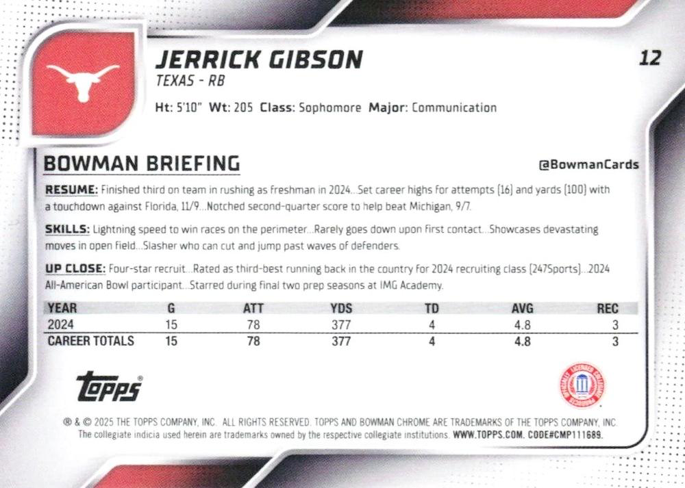 2025 Topps Bowman U Chrome Jerrick Gibson 1st #12 Texas Longhorns