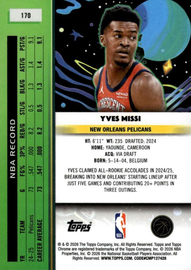 2025 Topps Chrome Cosmic Yves Missi #170 New Orleans Pelicans