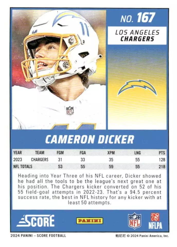 2024 Panini Score Football Cameron Dicker Los Angeles Chargers #167