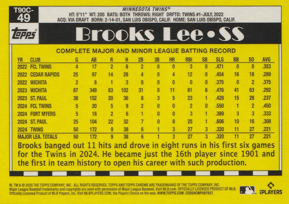 2025 Topps Series 1 Mojo 1990 Topps Baseball 35th Anniversary Chrome Brooks Lee Minnesota Twins #T90C-49
