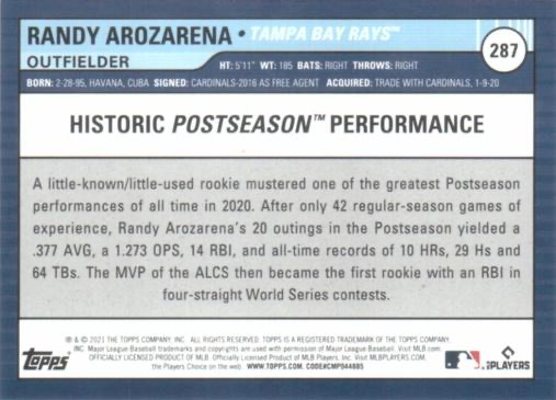 2021 Topps Big League Orange Randy Arozarena #287 Tampa Bay Rays