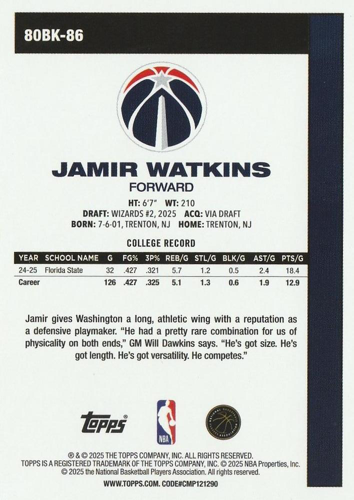 2025 Topps NBA 1980-81 Topps Basketball Jamir Watkins 80BK-86 Washington Wizards