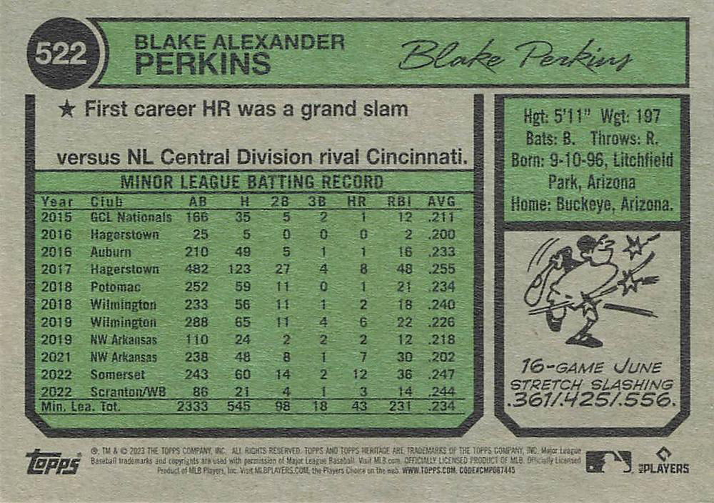 2023 Topps Heritage Blake Perkins RC Milwaukee Brewers #522
