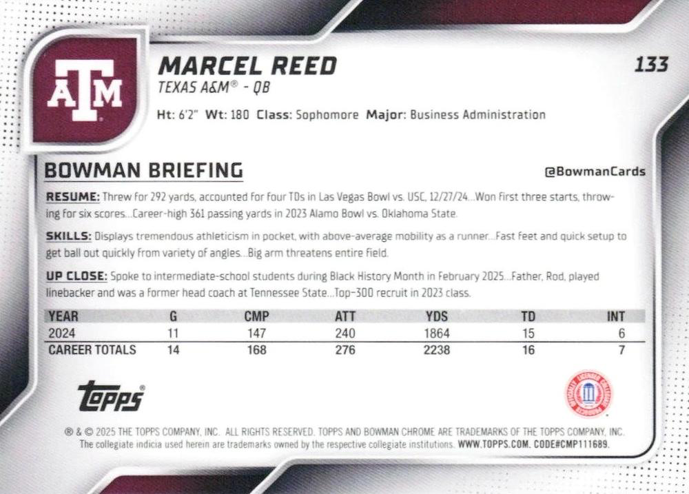 2025 Topps Bowman U Chrome Marcel Reed #133 Texas A&M Aggies