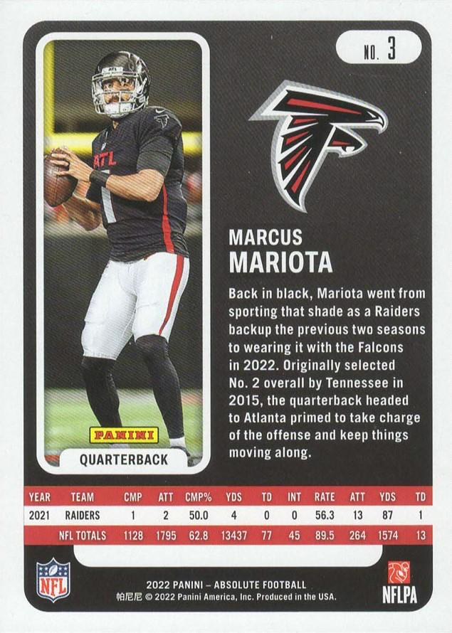2022 Panini Absolute Green Parallel Marcus Mariota #3 Atlanta Falcons