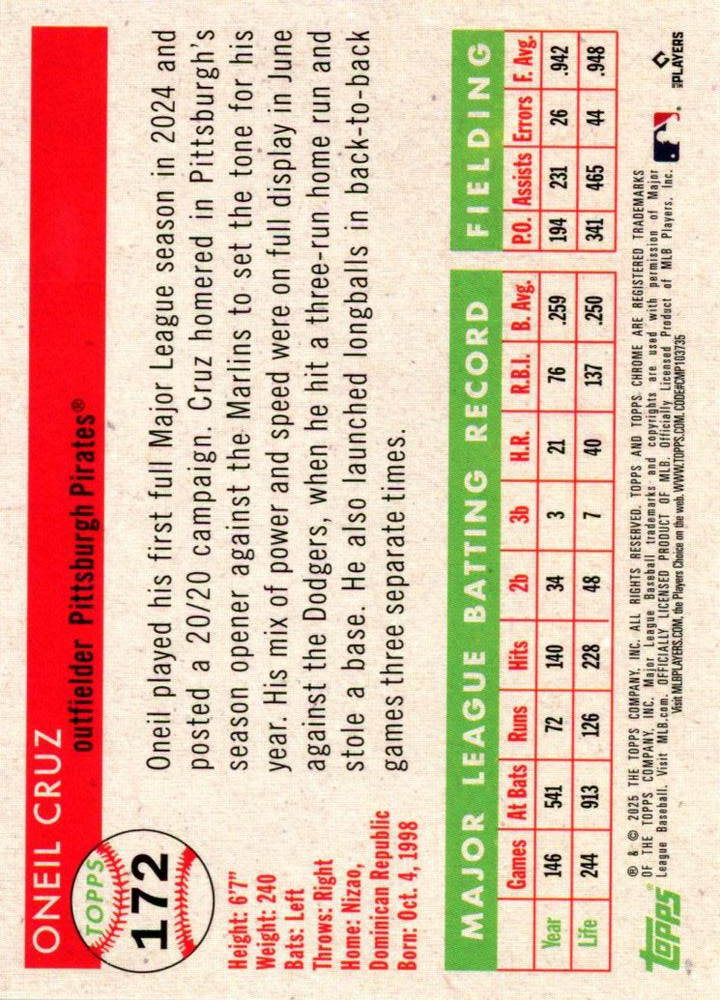 2025 Topps Chrome Platinum Oneil Cruz #172 Pittsburgh Pirates