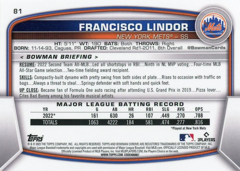 2023 Topps Bowman Chrome Mojo Refractors Francisco Lindor New York Mets #81