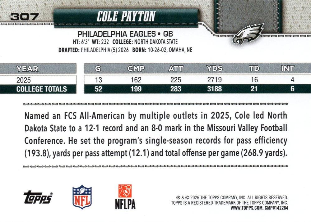 2026 Topps Flagship RC Cole Payton #307 Philadelphia Eagles