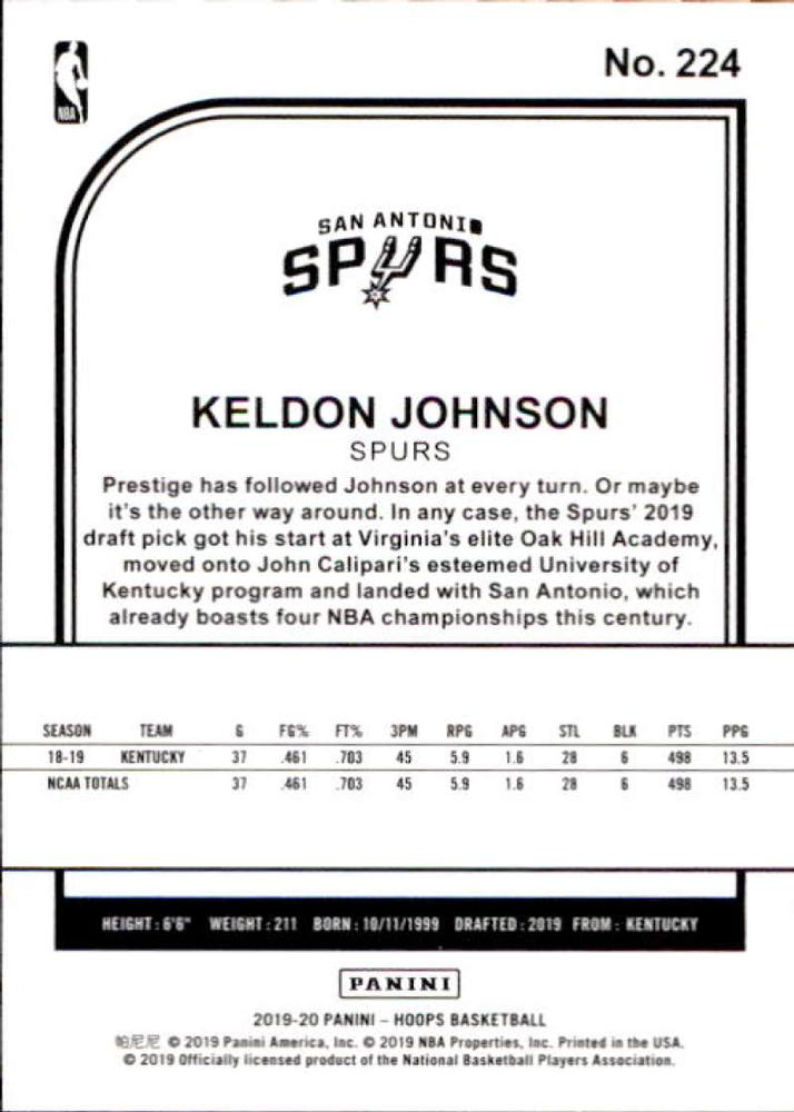 2019 Panini Hoops Keldon Johnson RC #224 San Antonio Spurs