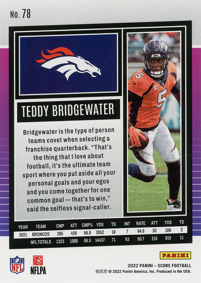 2022 Panini Score Teddy Bridgewater Denver Broncos #78