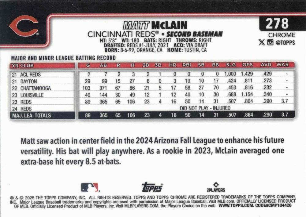 2025 Topps Chrome MLB Matt McLain #278 Cincinnati Reds