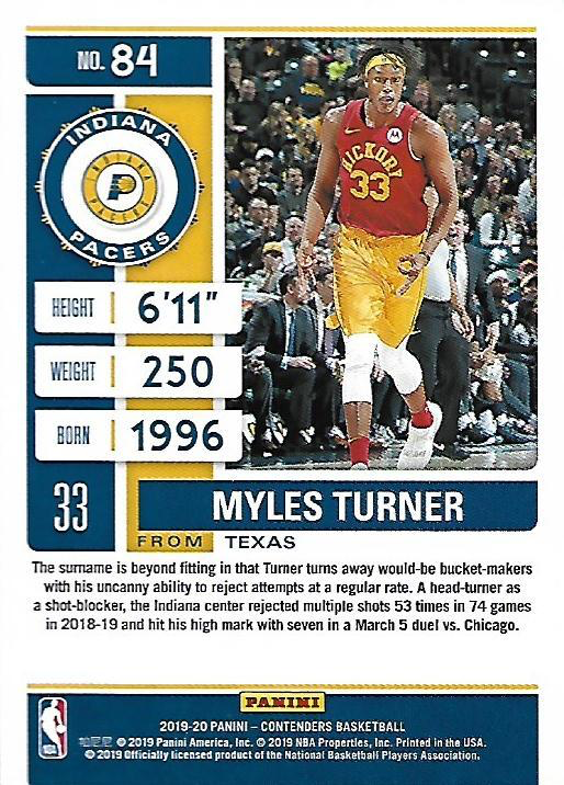 2019 Panini Contenders Myles Turner #84 Indiana Pacers