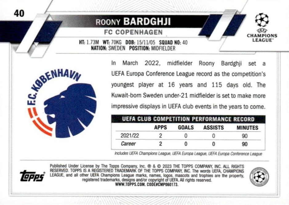 2022 Topps Chrome UCC Roony Bardghji RC #40 FC Copenhagen