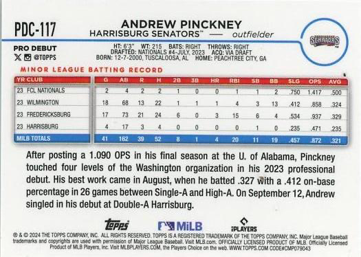 2024 Topps Pro Debut Chrome Refractor Andrew Pinckney #PDC-117 Harrisburg Senators
