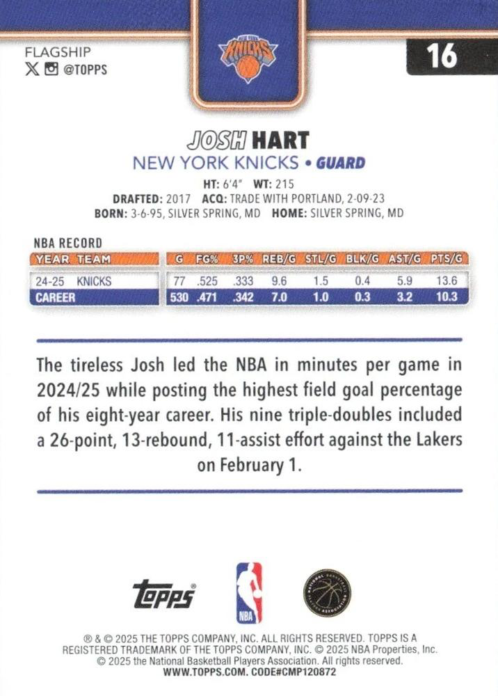 2025 Topps NBA Josh Hart #16 New York Knicks