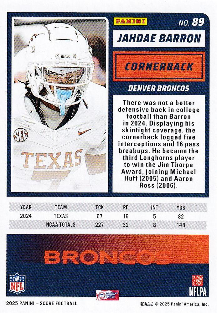 2025 Panini Score Jahdae Barron RC #89 Denver Broncos
