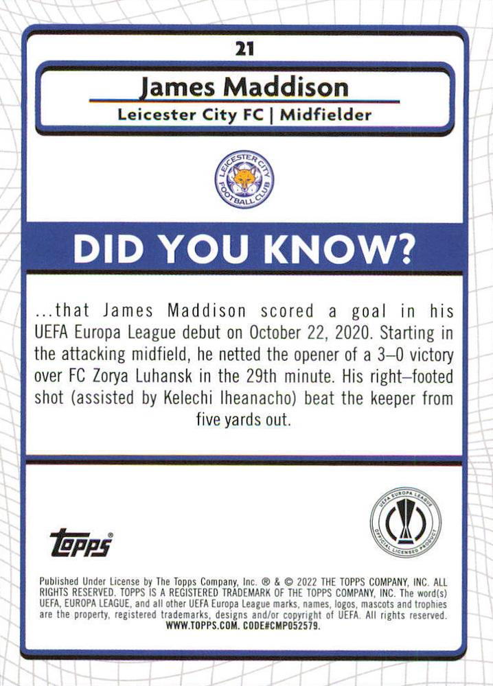2021 Topps Merlin UEFA Club Competitions James Maddison #21 Leicester City