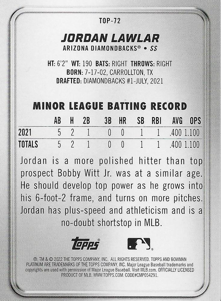 2022 Topps Bowman Platinum Top Prospects Jordan Lawlar Arizona Diamondbacks #TOP-72